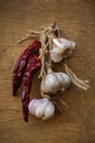 Dried red hot peppers and garlic on a twine hang on a nail against the background of an old wooden plywood wall. artistic photo in