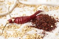 Dried red peppers, chili flakes and pepper seeds on burlap Royalty Free Stock Photo