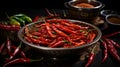 Dried red peppers, red chilli peppers in the bowl on the black background. Royalty Free Stock Photo