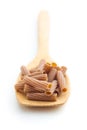 Dried rigatoni pasta on wooden spoon. Royalty Free Stock Photo