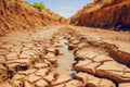 Dried river bed, global warming concept. Generative AI realistic illustration Royalty Free Stock Photo