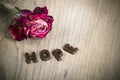 Dried rose and chocolate word HOPE Royalty Free Stock Photo