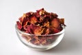 Dried rose petals in a clear glass bowl Royalty Free Stock Photo