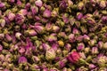 Dried rosebuds background texture closeup. violet rosebud macro close up of heap