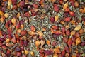 Dried rosehips and leaves background