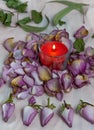 Dried roses, candle and book on a cloth