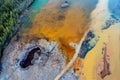 Dried rusty river bed over wasteland grey background, contamination texture, drone view directly above