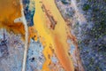 Dried rusty river bed over wasteland grey background, contamination texture, drone view directly above