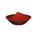 Dried saffron in brown ceramic bowl. Flavoring for dishes. Spicy condiment. Culinary theme. Flat vector design