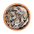 Dried sage leaves, common sage, Salvia officinalis, in a wooden bowl