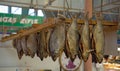 Dried salted fish vobla hanging and drying for sale, traditional beer snack