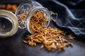 Dried salted worms. Roasted mealworms in jar on black table Royalty Free Stock Photo