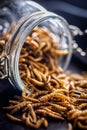 Dried salted worms. Roasted mealworms in jar on black table Royalty Free Stock Photo