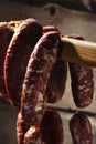 Dried sausage, home made dried sausage, very tasty food, sausage with bread. Village life, tasty village food. Royalty Free Stock Photo