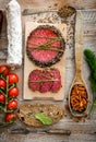 Dried sausage on a wooden table