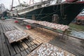 Dried sea fish on the pier in the port of Macao. Royalty Free Stock Photo