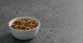 Dried seaberry in white bowl on terrazzo countertop