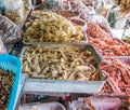 A dried seafood market stall situated