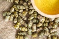 Dried Shi Hu, Dendrobium huoshanense, Chineses herbal medicine on guny sack cloth with tea