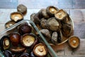 Dried shiitake mushrooms soak in water and some on a wooden plate Royalty Free Stock Photo