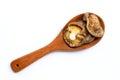 Dried shiitake mushrooms on wooden spoon on white Royalty Free Stock Photo