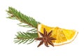 Dried slice of orange, anise star and fir tree on white background Royalty Free Stock Photo