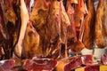 Dried spanish ham jamon in butchers shop Royalty Free Stock Photo