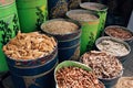 Dried spices in the colorful buckets