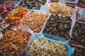 Dried squid, shellfish and seafood on fish market in Hongkong Royalty Free Stock Photo