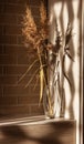 Dried stems and inflorescences of reed grass in a glass vase. Fluffy panicles Pampas grass. Ornamental plants for home decoration