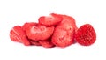 Dried strawberry slices isolated on white background. Dehydrated strawberries chips.