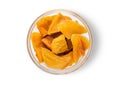 Dried sweet mango slices on white background.Top view.Macro.AI Generative Royalty Free Stock Photo