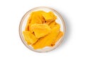 Dried sweet mango slices on white background.Top view.Macro.AI Generative Royalty Free Stock Photo