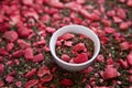 dried tea with mint and strawberries. Texture. dry herbal tea with peppermint, strawberry slices Royalty Free Stock Photo