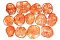Dried tomato chips. Crispy dehydrated tomato slices Royalty Free Stock Photo