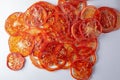 Dried tomato chips. Crispy dehydrated tomato slices Royalty Free Stock Photo