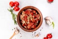 Dried tomato with olive oil and herbs. Food recipe background. space for text. top view Royalty Free Stock Photo