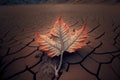 Dried tree leaf on a cracked barren land surface, ecology problems concept. Generative AI illustration