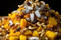 Dried tropical fruits and nuts cascade create a vibrant blend of colors and textures in this dynamic motion shot. Generative AI