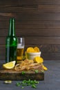 Dried tuna fillet with beer, lemon and potato chips on dark wooden board. Snack on fish with beer. Front views, close-up Royalty Free Stock Photo