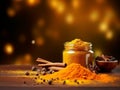 Dried turmeric powder in a can on dark bokeh background. Curcuma powder with cinnamon and spices, copy sapce. Popular Indian curry
