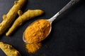 Dried turmeric roots and powder on a spoon