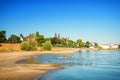 Dried up river bed, beach. Low water level of the Rhein dry river landscape, photo On the banks of the Rhine dried out in Cologne Royalty Free Stock Photo