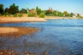 Dried up river bed, beach. Low water level of the Rhein dry river landscape, photo On the banks of the Rhine dried out in Cologne Royalty Free Stock Photo