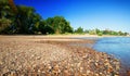 Dried up river bed, beach. Low water level of the Rhein dry river landscape, photo On the banks of the Rhine dried out in Cologne Royalty Free Stock Photo