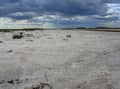 A dried-up riverbed of the salt lake desert the naked bottom of the reservoir in Kazakhstan with storm clouds nature landscape Royalty Free Stock Photo