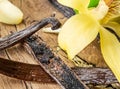 Dried vanilla fruits and vanilla orchid on wooden table