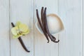 Dried vanilla pods on wooden background. Vanilla copy space Royalty Free Stock Photo