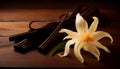 Dried vanilla sticks and vanilla orchid on wooden table. Close-up.