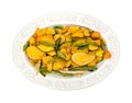 Dried vegetable chips on an old platter